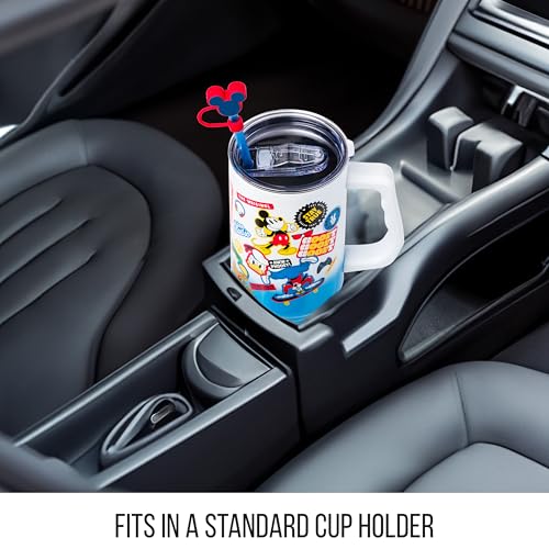 Image of Silver Buffalo Disney Mickey Mouse Stainless Steel Tumbler with Straw Cover, Lid, Straw, and Handle Featuring Donald Duck, Daisy Duck, Minnie Mouse, Mickey Mouse, Goofy, and Pluto, 40 Ounces