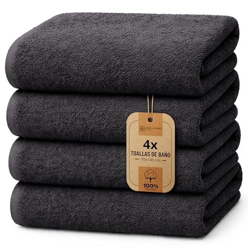NatureMark Juego de 4 Toallas de Ducha – Toallas Suaves y absorbentes de 100% algodón, adecuadas para el Uso Diario – Negro, 70x140 cm
