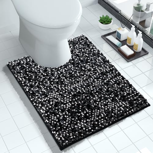 Image of Yimobra Luxury Chenille U-Shaped Toilet Rug, Super Soft Shaggy Contour Bath Mat for Bathroom Floor, Fluffy, Water Absorbent, Non Slip, Machine Washable, Dry Quickly, 24''x 20'', Black & Dark Grey