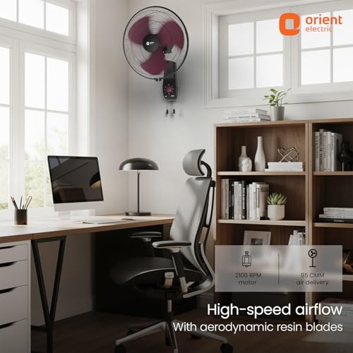 Image of Orient Electric Wall 97 | High Speed Wall Fan for Home | 100% Copper Motor | 90 Degree Oscillation with Tilt Mechanism | 3 Speed Pull Cord | Thermal Overload Protection | Military Grade Guard | Red