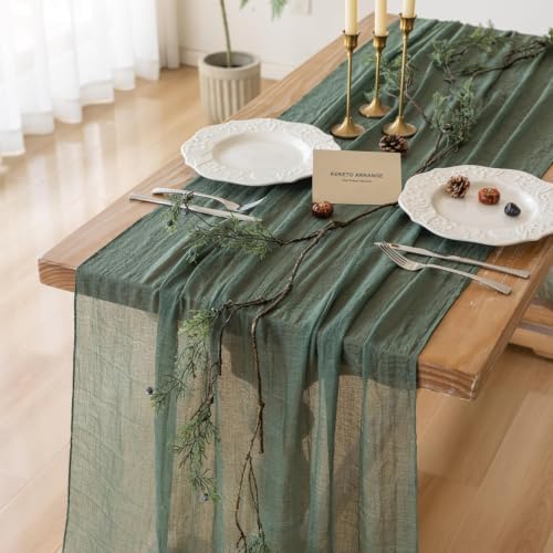 Image of 2Pcs Forest Green Cheesecloth Table Runner 120 Inches for Party Home Decor | Ideal for wedding baby shower bridal shower birthday engagement party,or adding rustic boho charm to daily home.
