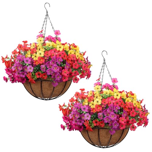 PABREY 2 Pack Outdoor Artificial Flowers with Hanging Basket, Outdoor Fake Hanging Flowers for Spring Summer Front Porch Patio Yard Garden Home Decor (Red, Purple, Yellow, Hot Pink)