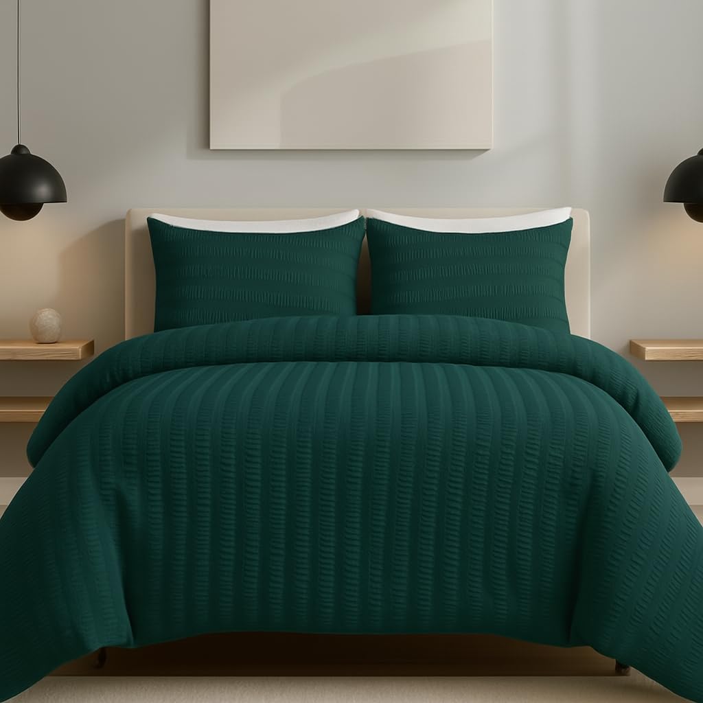 AHS - Single Emerald Green Seersucker Duvet Set Cover With Pillow Case - Multiple Sizes - Complete Bedding Set - Ultra Soft Brushed Microfiber - EasyCare & Machine Washable โ image 1
