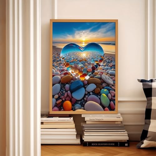 Coucher de soleil sur la plage en tableau cœur de galets pour salon