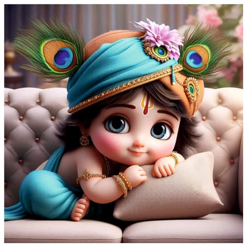 Image of Akki Wold Sky Blue Cute Eyes On Soffa With Pillow Wall Poster For Living Room, Office, Pooja Room (Size - 46CM X 46CM)