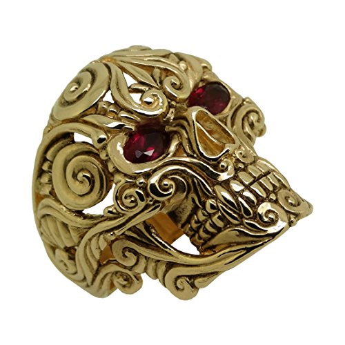 UNIQABLE Mexican Sugar Skull 14K Solid Gold Ruby Eyes Ring Biker Memento Mori SK010RBY14K (12.5)