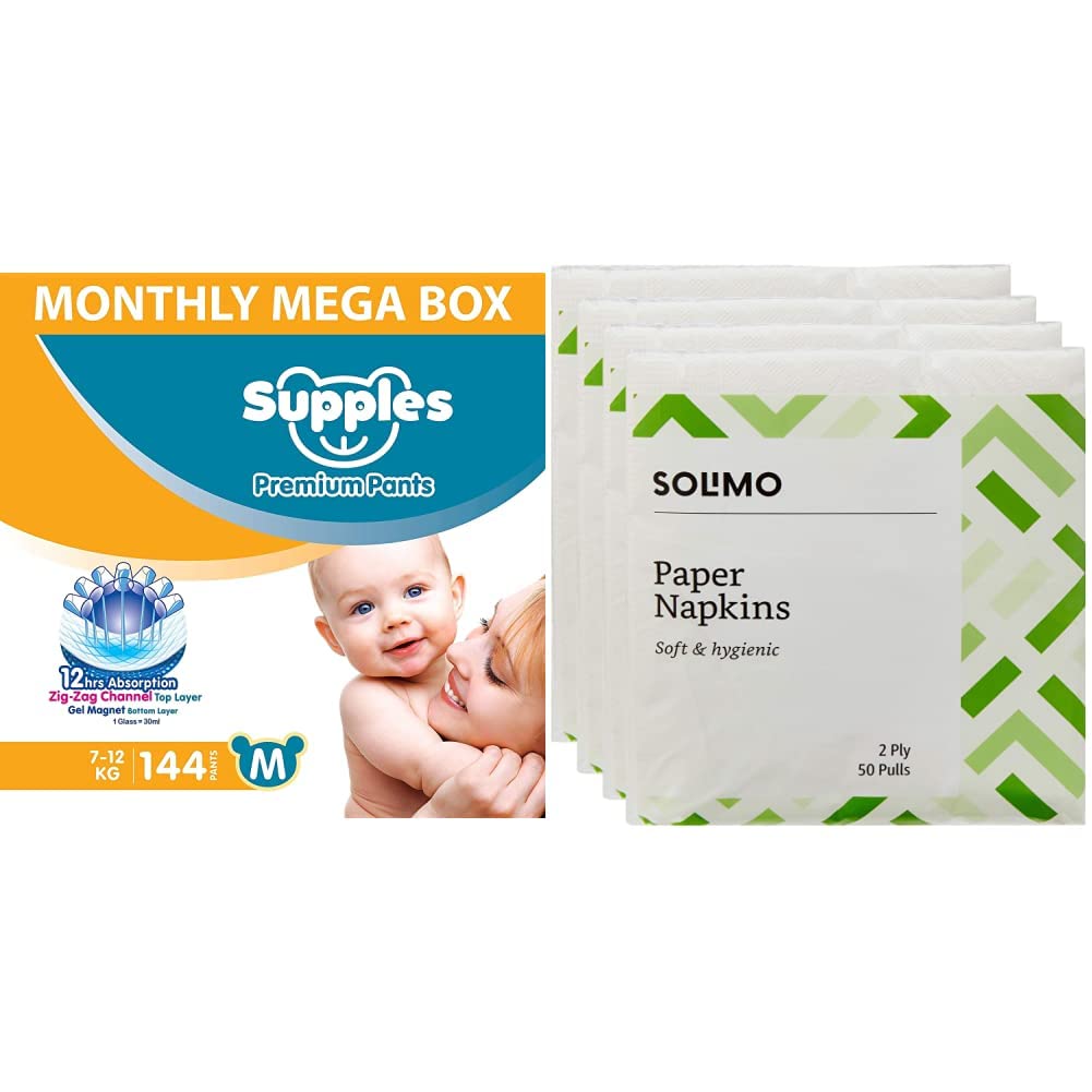 Supples Baby Diaper Pants, Monthly Mega-Box, Medium, 144 Count & Amazon Brand - Solimo 2 Ply Paper Napkins - 50 Pulls (Pack of 4)