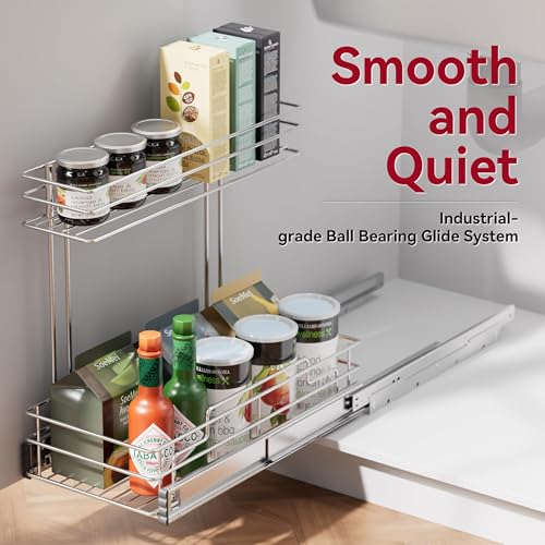 Image of Under Sink Organizer 9 inch W X17 D, Pull Out Cabinet Organizer 2 Tier | Under Sink Slide Out Chrome Plated, Under Kitchen Bathroom Organizer, Pantry Cabinet Closet Organization Rack, 1 Pack