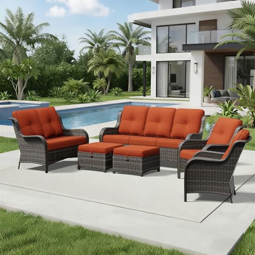 Image of Joyside 6 Piece Wicker Patio Furniture Set, Rattan Patio Chairs with High Back, Deep Seating, Wide Armrest, Thickened Cushions, Outdoor Furniture for Deck, Porch Use