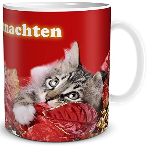 TRIOSK Lustige Weihnachtstasse Katze mit Spruch Frohe Weihnachten! - Witziges Katzenmotiv als Geschenk für Katzenliebhaber, Freundin, Frauen & Männer - Keramik-Tasse 300 ml, Rot