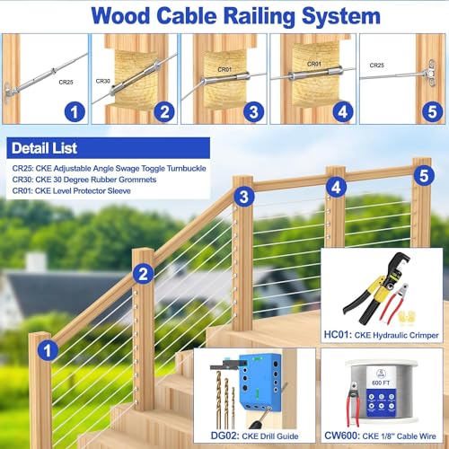 CKE T316 Stainless Steel Protector Sleeve for Cable Railing System, 100 Pack for 1/8\" Wire Rope Cable Railing Kit, Protective Sleeve for Wood Posts with Drill Bit, CR01 - Thumbnail 7
