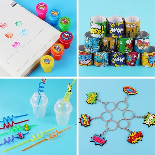 Liyiq LYQ0123 122 Pcs Hero Party Favors With Hero Punch Balloons Reusable Drinking Straws Hero Slap Bracelets Keychains Stamps Stickers And Gift Bags thumb #3