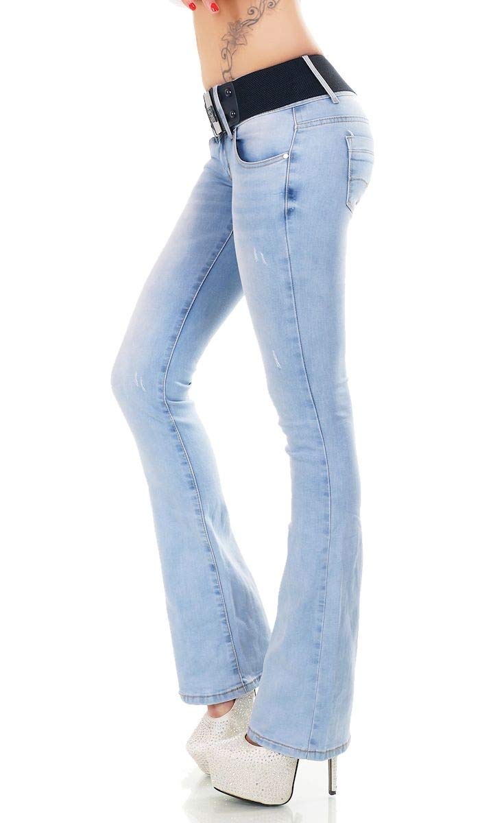 Damen Bootcut-Jeans Hose mit Gürtel Light Blue W350 Größe S