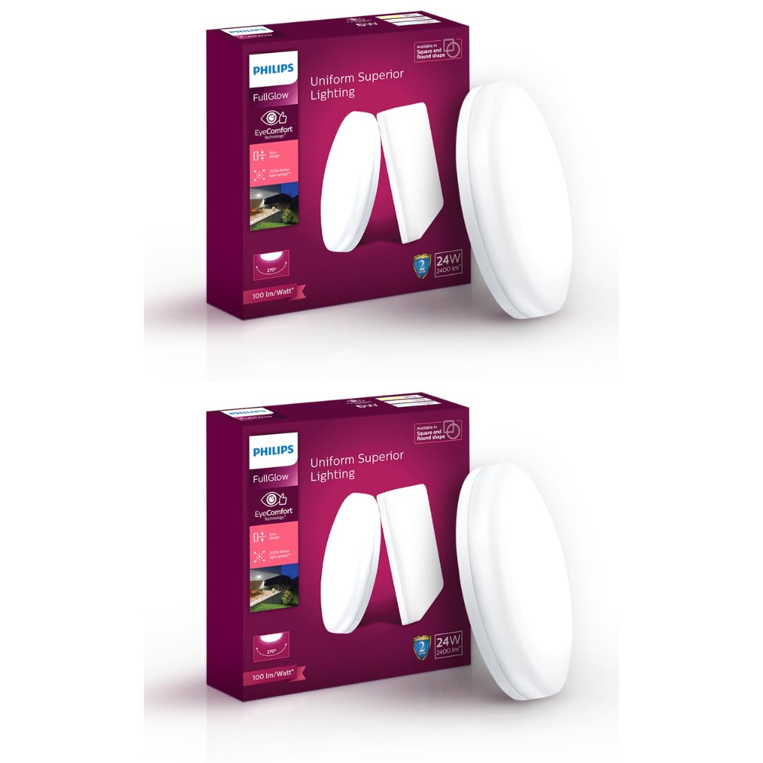 PHILIPS Metal Rimless Full Glow 24-Watt Round LED Surface Downlighter for Ceiling | Warm White Light for Home & Hall | Pack of 2