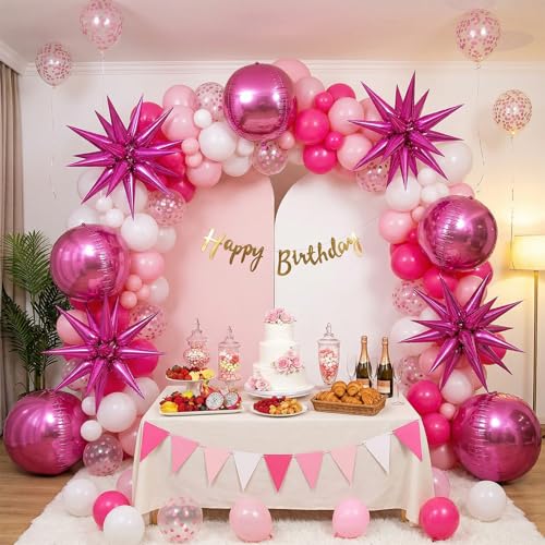 Image of 6pcs 22 inch Hot Pink Star Balloons and Hot Pink 4D Large Foil Balloons, Foil Star Spike Balloon 4D Ball Balloon For Girls Women Birthday Baby Shower Party Wedding Engagement Mother's day Decorations