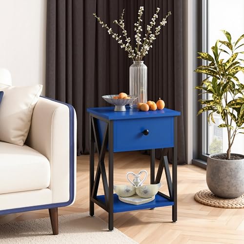 Image of VECELO Nightstands, Modern Bedside End Tables Set of 2, Night Stand with Drawer and Storage Shelf for Living Room Bedroom, Industrial Metal Frame