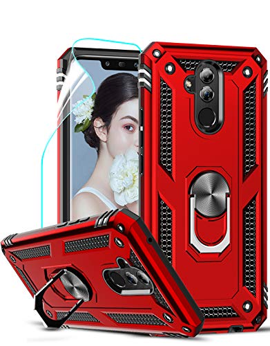 LeYi Funda Huawei Mate 20 Lite Armor Carcasa con 360 Grados Anillo iman Soporte Hard PC y Silicona TPU Bumper antigolpes Fundas Case para movil Mate 20 Lite con HD Protector de Pantalla,Rojo