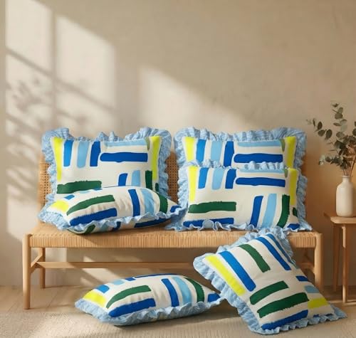 Image of BSB HOME Cotton Pillow Covers Set of 6, Modern Abstract Decorative Covers with 2.5 Inch Frill Border, Soft Breathable Fabric for Living Room Bedroom, 18 x 28 Inches + 2.5 Inch Frill (Cerulean)