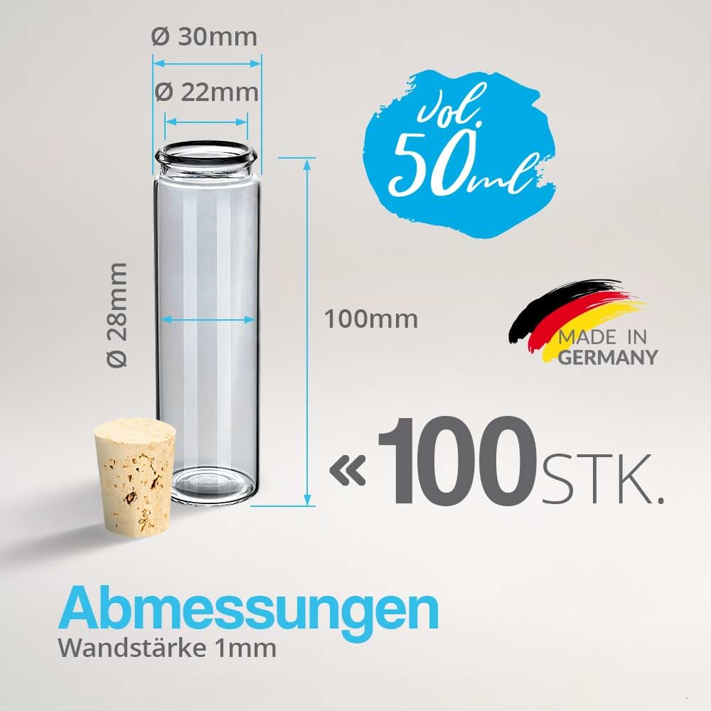 Tuuters 100 Stück Glasröhrchen mit Korken, 100 x Ø 30mm, Rollrandgläser | 50ml Glas mit Kork Verschluss für Blumensamen, Geschenke, Gastgeschenke, Gewürze zur Hochzeit, Taufe, Kommunion, Reagenzglas