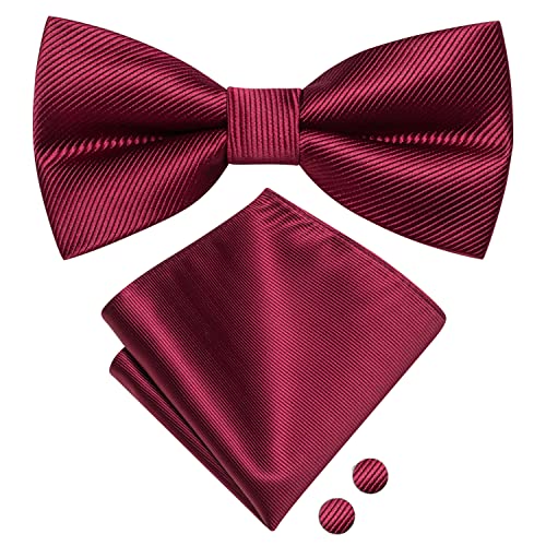 Image of Hi-Tie Burgundy Men Bowtie Pre-Tied Pocket Square Lapel Pin Sets Cufflinks Mens Bowtie Sets for Wedding Formal Party