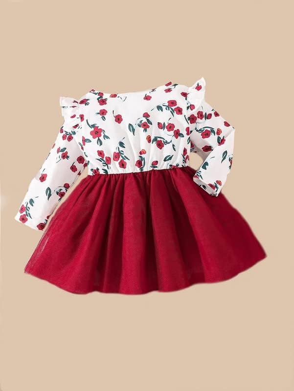 Image of OMLI Baby Floral Print Ruffle Trim Bow Front Mesh Hem Dress (4-5 Years, Red)
