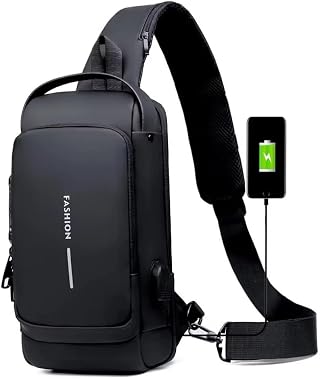 Bolsa Transversal Masculina Antifurto Impermeável com Cadeado e USB Mochila de Peito Pochete Crossbody Shoulder Bag Compacta para Trabalho Dia a Dia