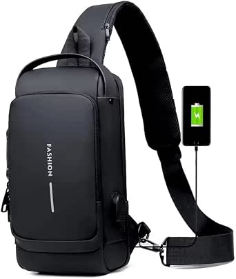 Bolsa Transversal Masculina Antifurto Impermeável com Cadeado e USB Mochila de Peito Pochete Crossbody Shoulder Bag Compacta para Trabalho Dia a Dia Academia Uso Urbano Seguro