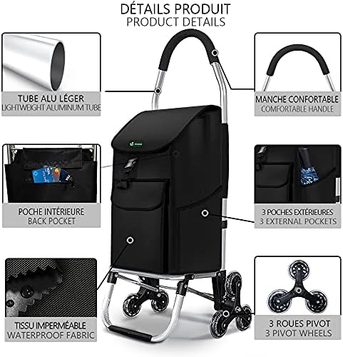 VOUNOT Folding Shopping Trolley on 6 Wheels, Aluminium Lightweight Shopping Cart with Detachable Bag, Stair Climbing Grocery Trolley, 45L, Black