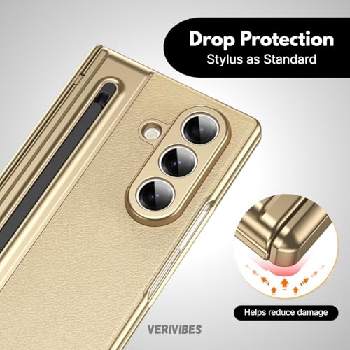 Image of Ultra Hybrid Luxury Leather Compatible with Samsung Galaxy Z Fold 6 (2025)| Built-in S Pen Holder| 360 Hinge Protection | Slim Shockproof Back Cover with Tempered Glass - Golden