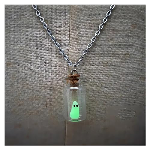 The Adopt a Ghost Necklace Cute Glow in The Dark Mini Glass Vial Bottle Jar Light Halloween Ghost Charms Decor Goth Necklaces Jewelry Weird Earrings Locket Pendant Spooky Decorations (Necklace-Green)
