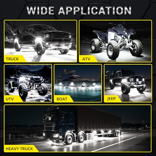 8 Pods Full Angle Pure White LED Rock Lights for Jeeps Truck Golf Cart ATV UTV RZR SUV Offroad Pickup, 6500K Super Bright Waterproof White Underglow Kit with Switch Wiring Harness Extension Wires