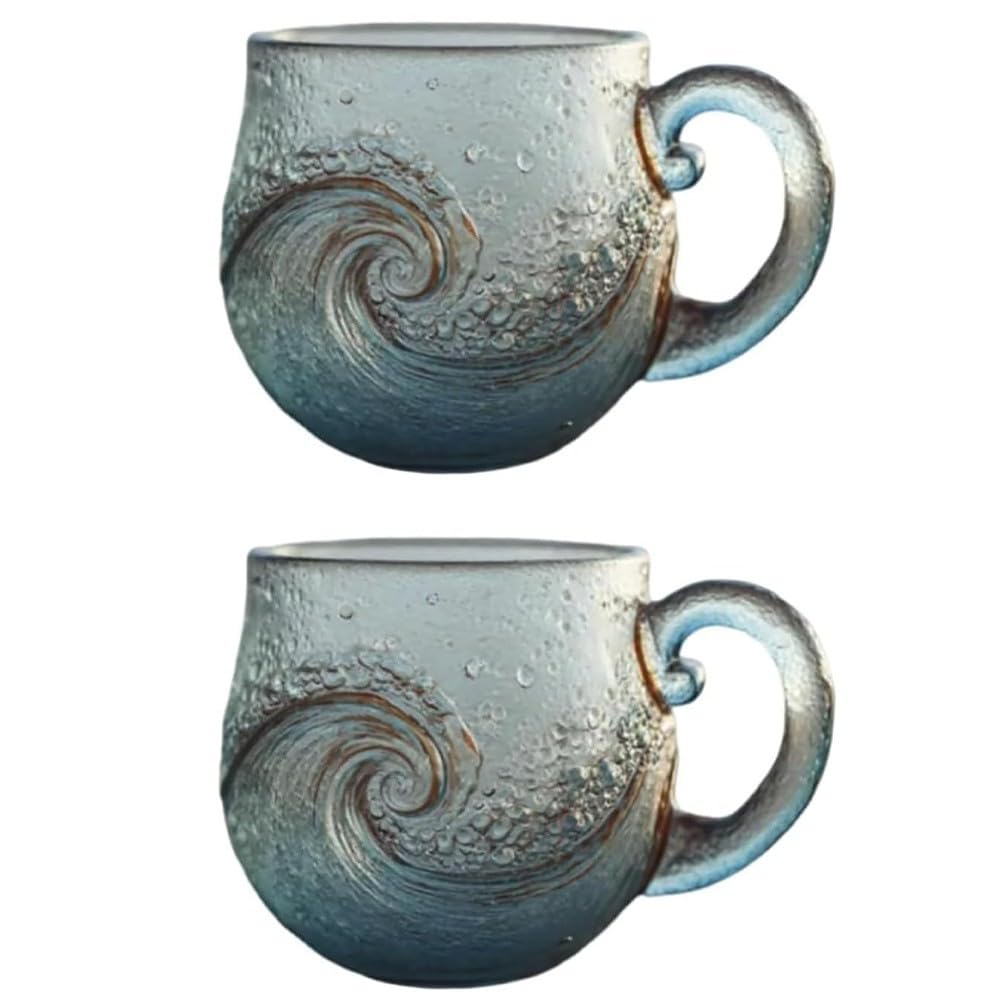 Taza de vidrio de mar hecha a mano, taza de vidrio soplado a mano de 12 onzas con textura de playa, té, café, vino, vasos únicos 2