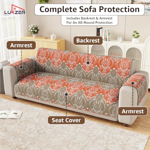 Image of Lukzer 3 Seater Sofa Cover Quilted Reversible WaveEdge Ultrasonic Cut Sofa Mat with Back and Hand Rest Covers - Royal Petals - Washable Sofa Protector for Modern Living Room 180 x 150 CM /SC-219-03WB