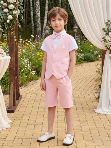 Image of Summer Boys Suit Dress Clothes Kids Wedding Ring Bearer Outfit 4Pcs Shirt Vest Shorts Set