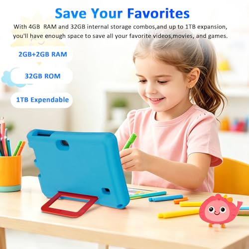 Image of Kids Tablet 7 inch Android 12.0 for Toddler, 4GB RAM 32GB ROM Bluetooth IPS Screen Parental Control Dual Camera Shockproof Case for Educational Games (Blue)