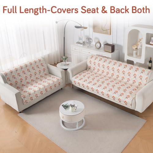 Image of HOKIPO Autumn Blossom Quilted Sofa Cover 3 Seater and 2 Seater with Tassels Set - 5 Seater Sofa Cover (3+2) for Seat & Back | 'Tassel Twigs' Series (IN-991-T5 + IN-990-T5)