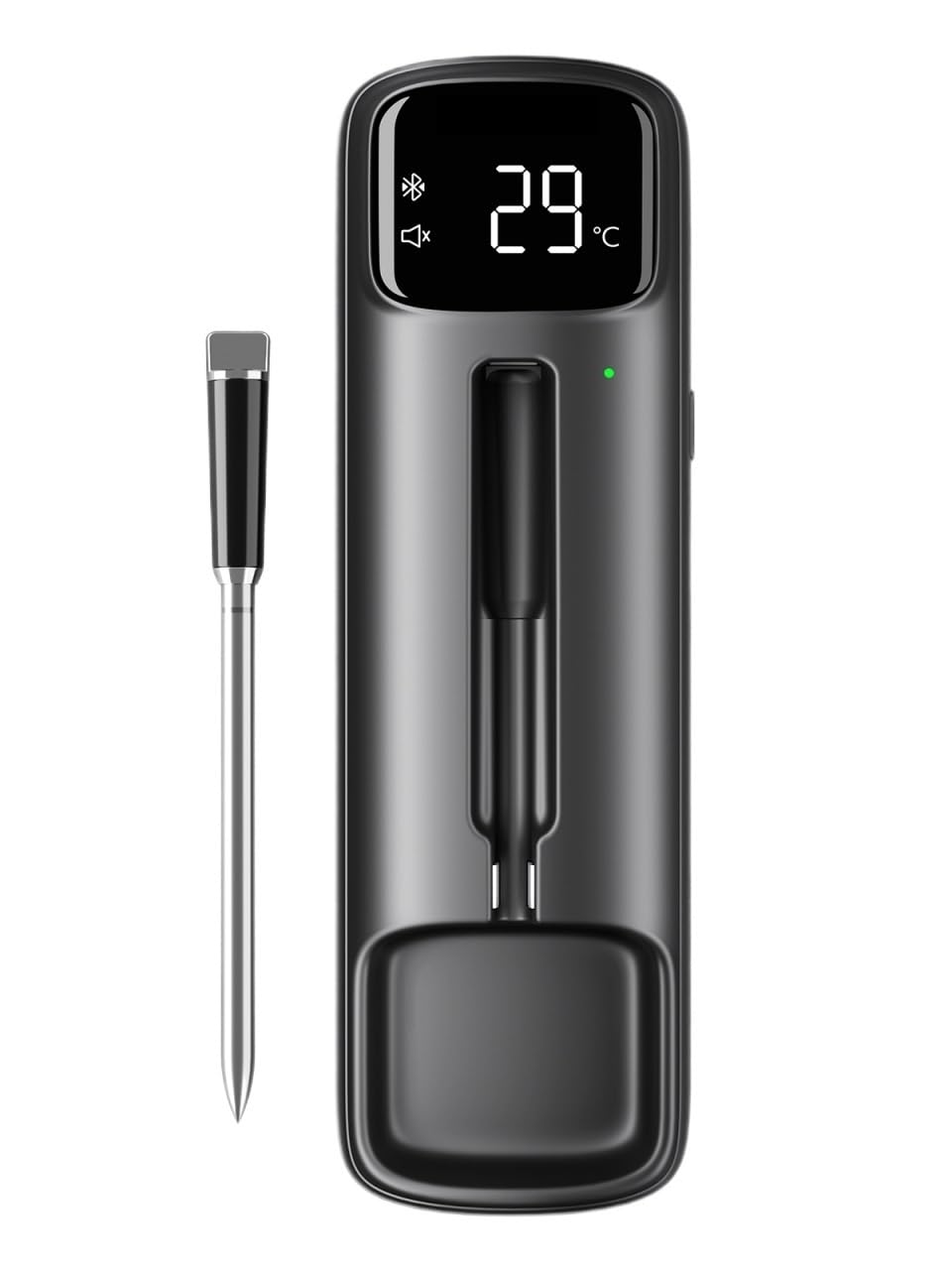 Kabelloses Bluetooth-Fleischthermometer Mit Zwei Sensoren | Scharfe Edelstahlsonde, Anzeige, Ladestation, Kontrollleuchte, schlankes, kompaktes, mattes Gehäuse