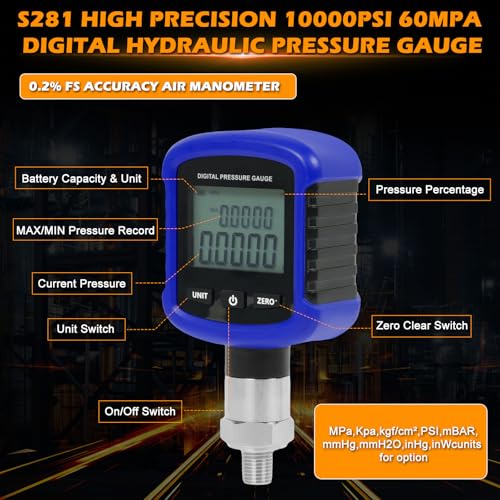 Image of 60mpa Digital Industrial Pressure Gauge,S281 0-10000psi 0.2% FS Accuracy Air Manometer 1 /4 Inch NPT Thread Digital Pressure Gauge 330Rotation with LED Light for Construction, Machinery