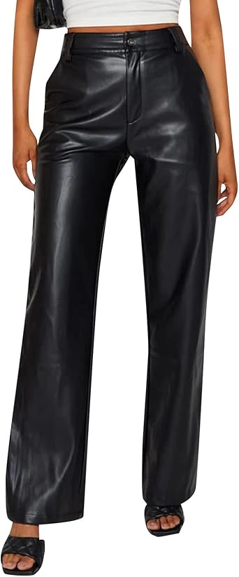 Amazon.com: Creaion Pantalones de piel sintética para mujer, corte recto,  pierna ancha, elástica, cintura alta, leggings de cuero : Ropa, Zapatos y  Joyería
