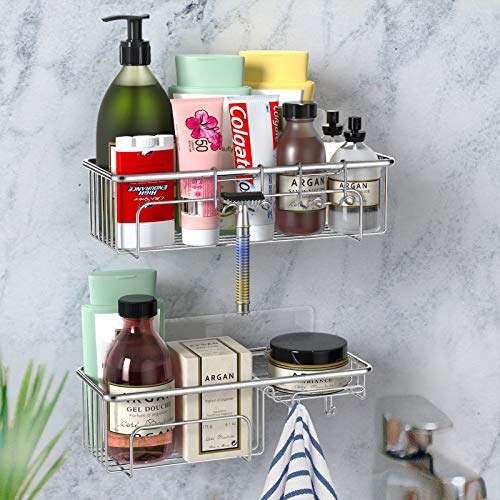 Apusu 2-Pack Shower Caddy Hanging Basket Shelf 2 Hooks,Premium Stainless Rustproof Shower Accessories, Sturdy Shower Racks In Small Shower, Sticky Shelves Wall Organizer- No Drilling, Tub Organizer #TOP1
