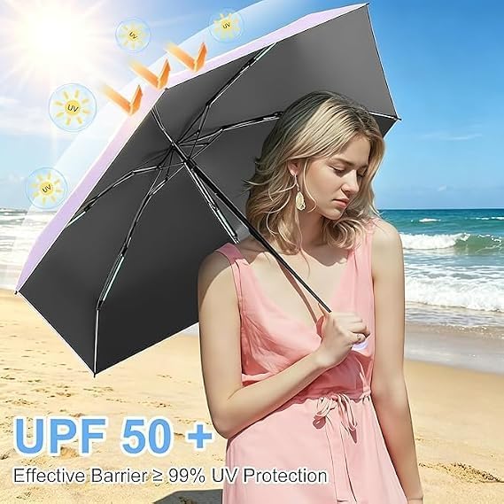 Image of Mini Umbrella with Case for Men & Women (Manual Open) Compact Travelling Pocket Umbrella, Polyester & UV Protect Fabric for Summer /Anti-Slip Handle- Use in Rain & Summer-Foldable Windshield