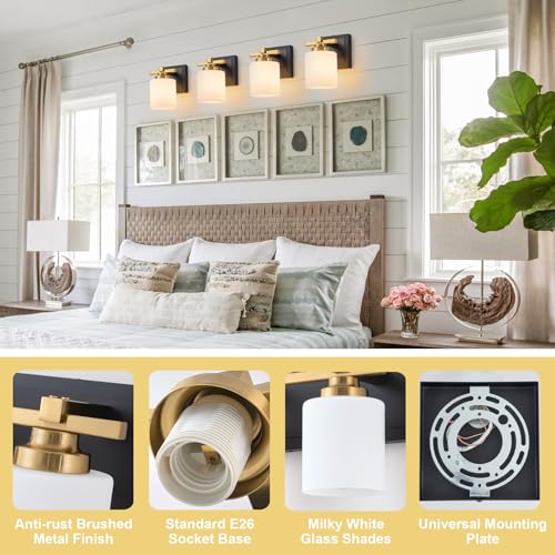 Image of Modern Bathroom Light Fixtures Over Mirror, Vanity Lights for Bathroom Wall Sconces with Milky White Glass Shades, E26 Socket (Bulbs Not Included), 1 Light, Black Gold