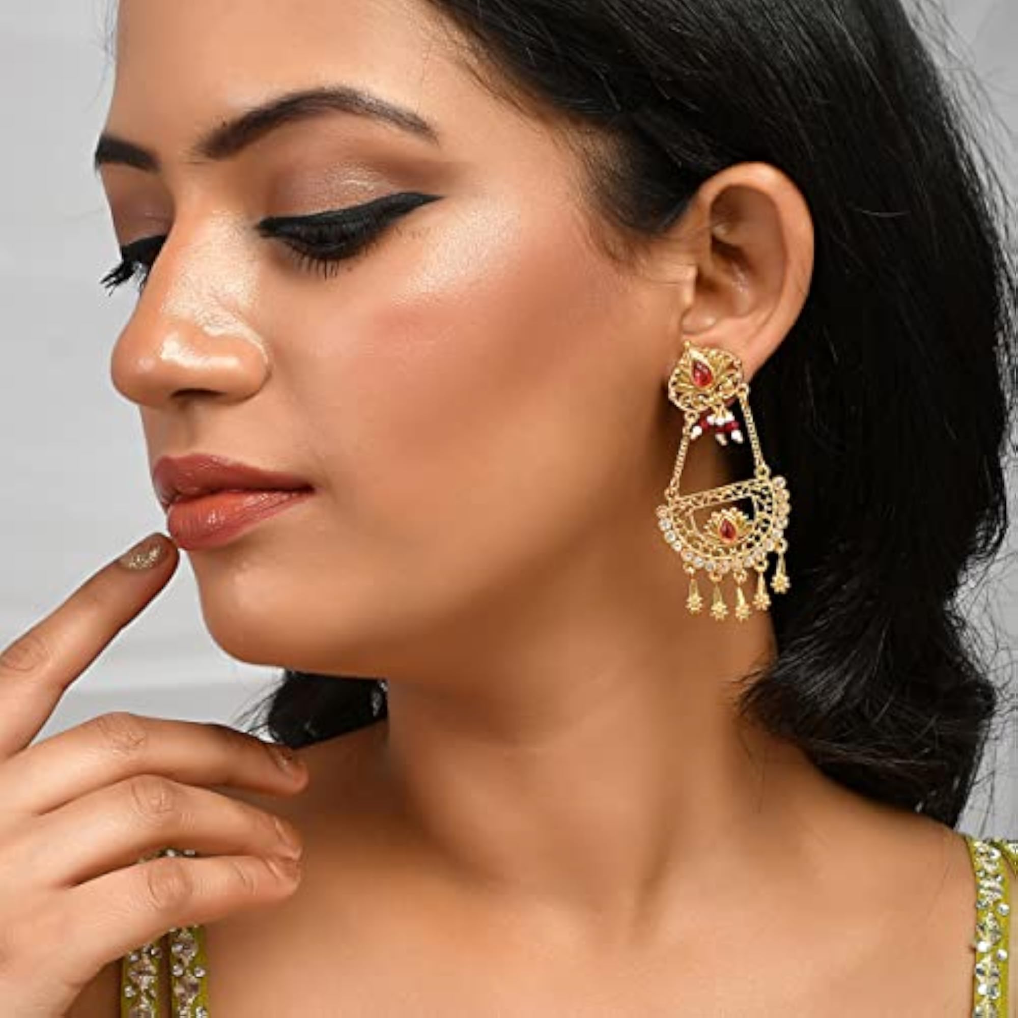 Abharan Red Stones & Pearls Ethnic Drop Earrings