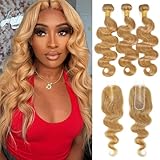 Color 27 Honey Blonde Bundles & 2x6 Closure Human Hair 14 16 18+12 Inch, Body Wave Golden Ash Blonde 12A 100% Raw Brazilian Virgin Hair Sew In Weave 3 Bundles with 2x6 Closure #27