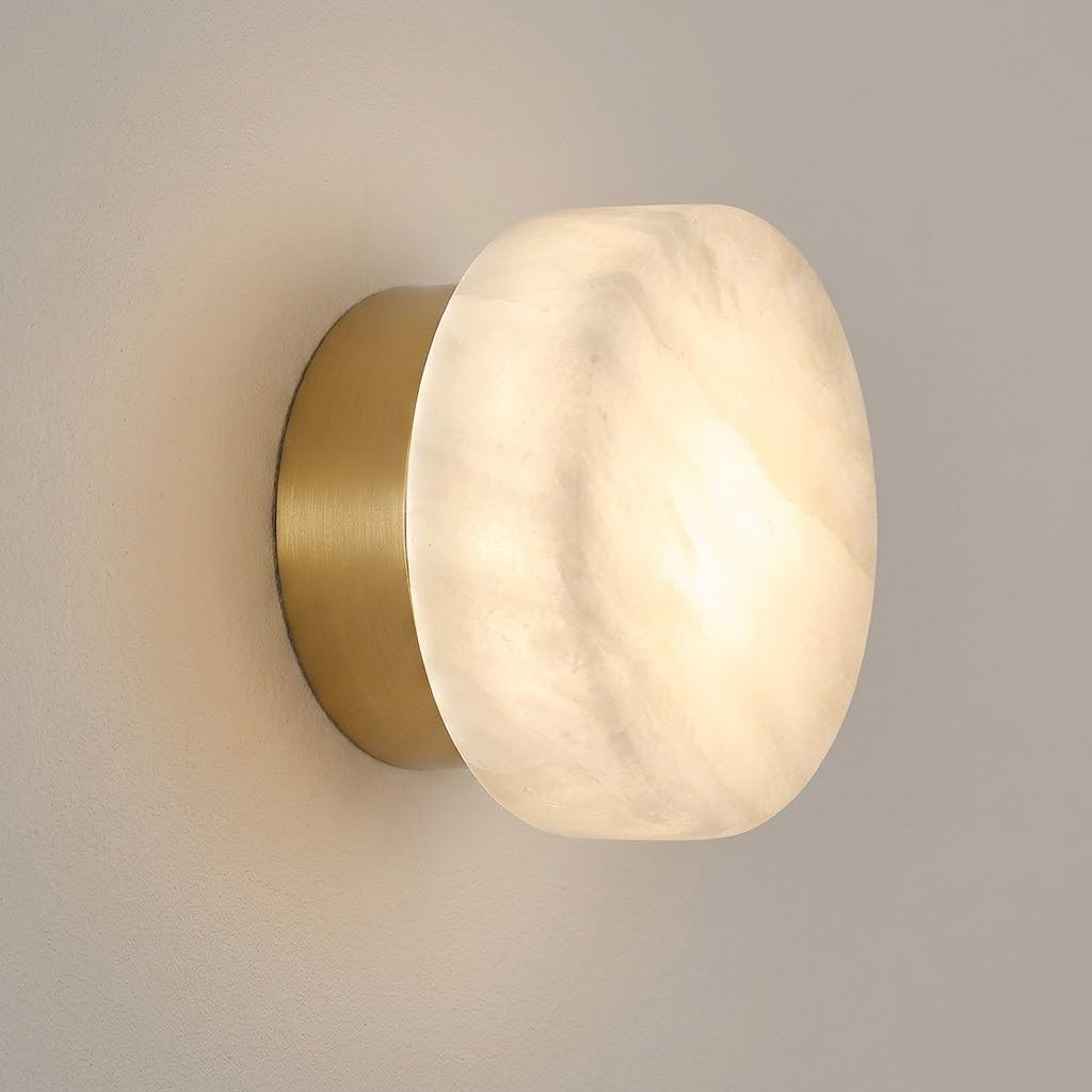 Cosrub Gold Round Marble Wall Sconce, Mini Alabaster Wall Lighting For Stairs