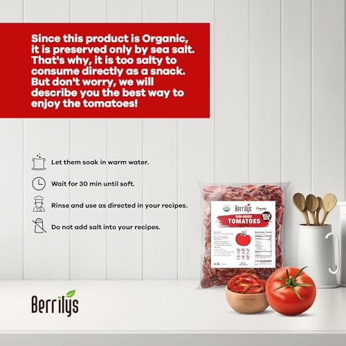 Image of Sun-Dried Tomatoes, 2 LBS, USDA Organic, Berrilys, No Sulfur, No Preservatives, Seasalt is used as natural preservative, Raw, Non-GMO, Great Ingredient for Baking and Cooking
