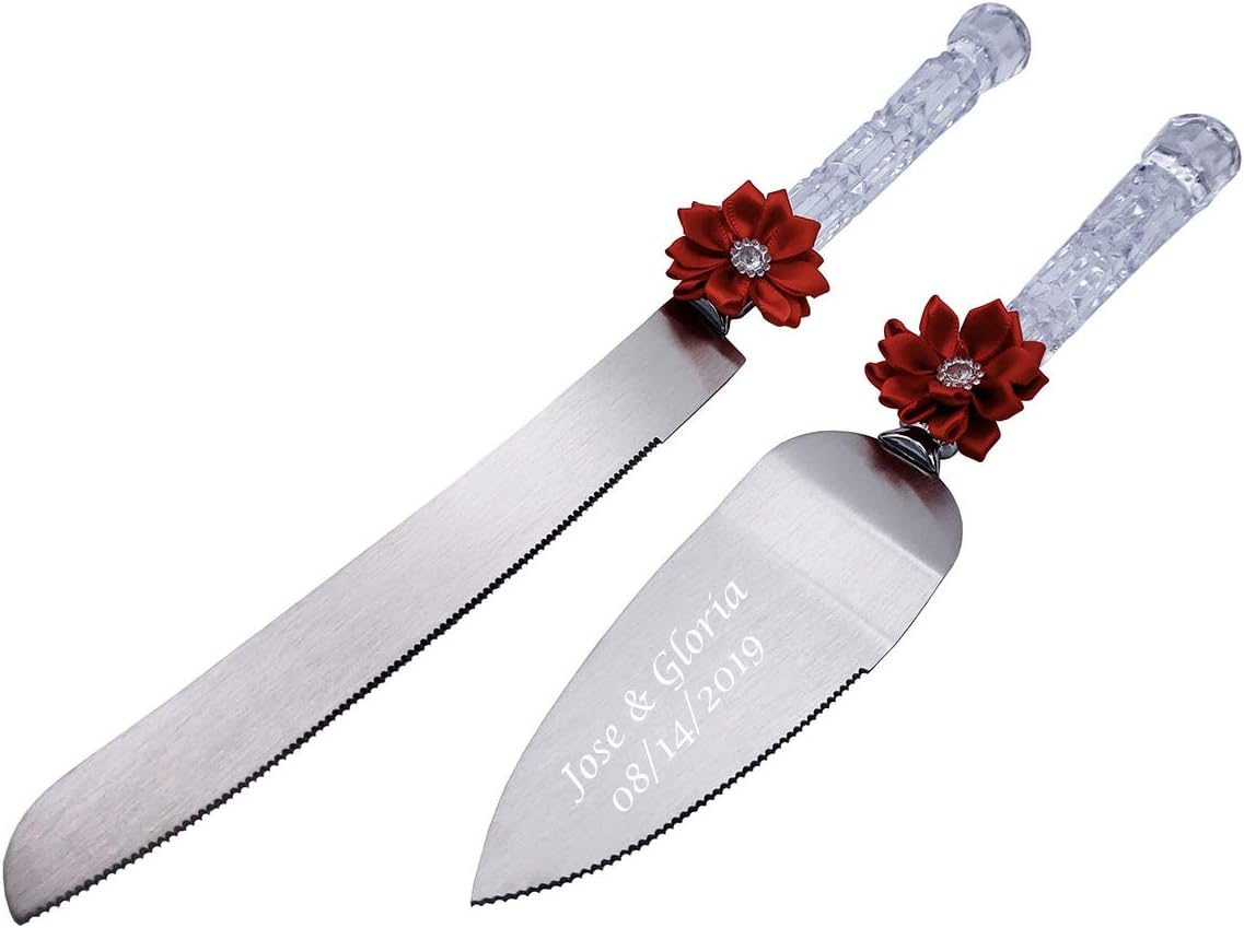 Gifts Infinity Personalized Cake Knife and Server Set with Red Bow – Custom Engraving on Server – Elegant Clear Handles – Wedding Keepsake Gift