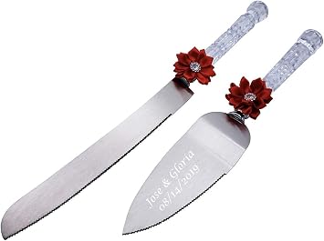 Gifts Infinity Personalized Cake Knife and Server Set with Red Bow Custom Engraving on Server Elegant Clear Handles Wedding Keepsake Gift