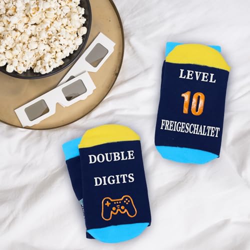 ZENO Lustige Socken Jungen – Geschenk Geburtstag 10 Jahre, Coole Socken Kinder, Gaming-Design für Jungen, Baumwolle, Größe 33-36, 'Level 10 Freigeschaltet