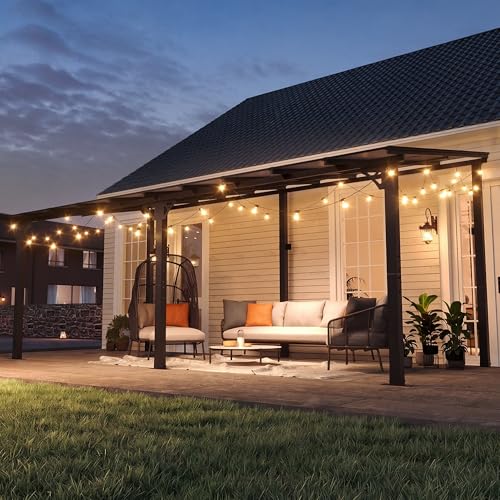 Image of 10' x 20' Lean to Gazebo Pergola,Hardtop Gazebo Metal Large Galvanized Steel Wall Mount Pergolas on Clearance with Lights,Polycarbonate Roof,Awnings,Patio Canopy for Backyard,Deck,Porch